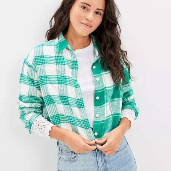 A494 • Cozy Cropped Green Plaid Flannel Shirt - Picture 1 of 6
